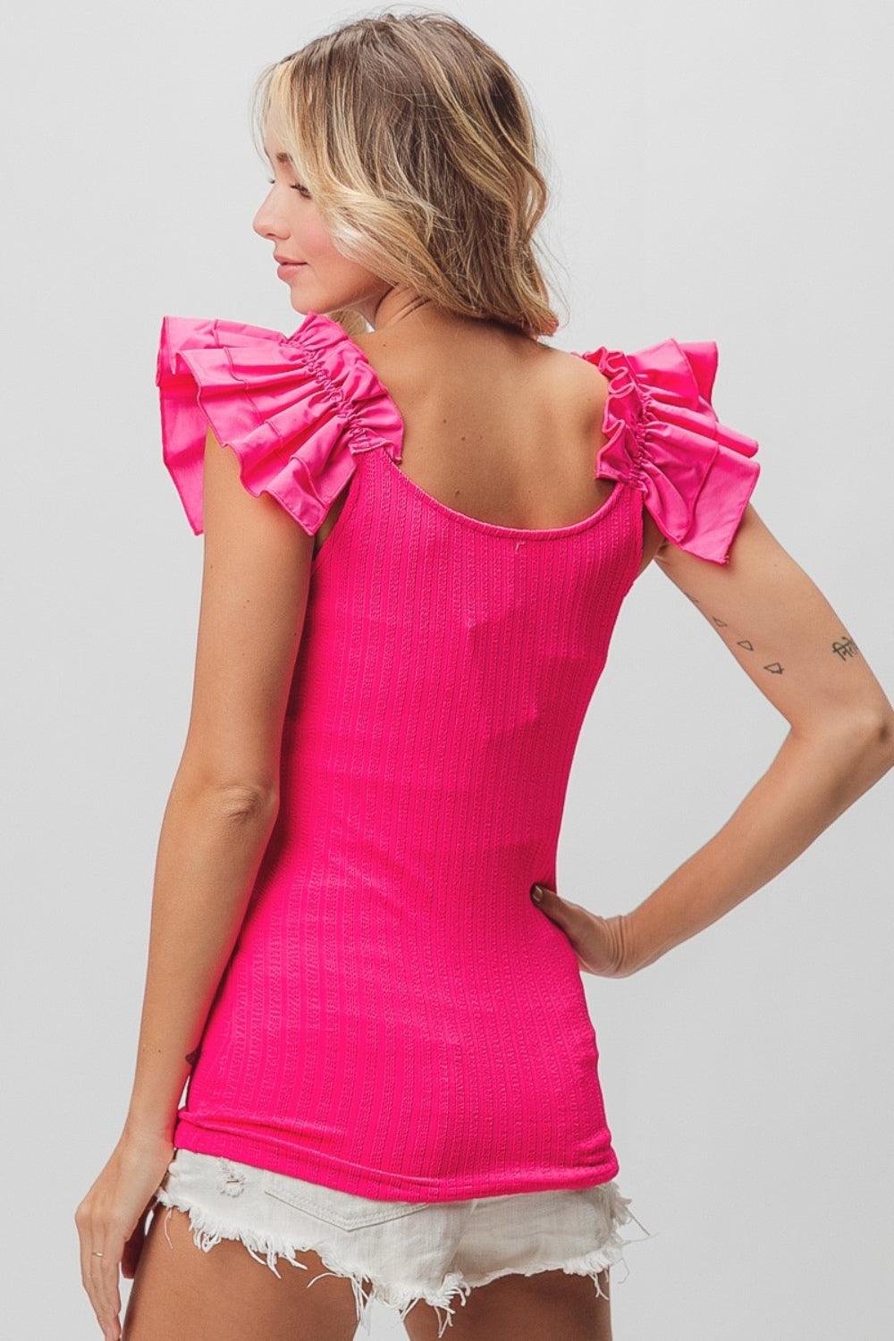 BiBi Ruffled Shoulder Strap Rib Texture Top Tops