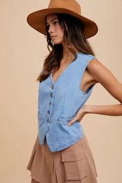 Annie Wear Button Down V-Neck Denim Vest Vests