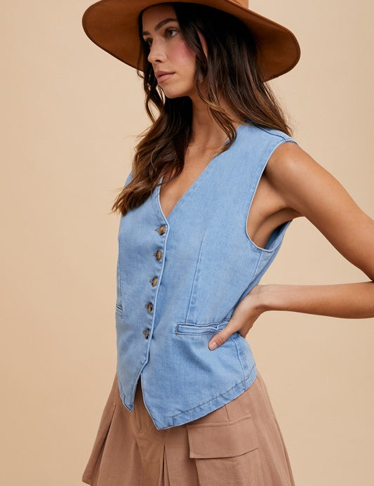 Annie Wear Button Down V-Neck Denim Vest Vests