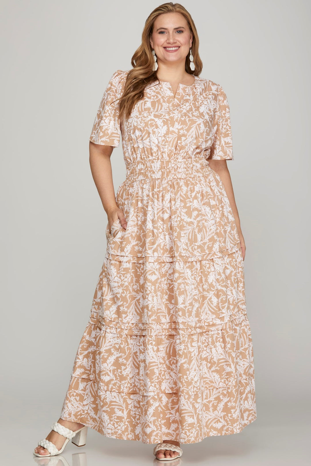 She + Sky Printed Notched Woven Tiered Pintuck Maxi Dress with Side Pockets