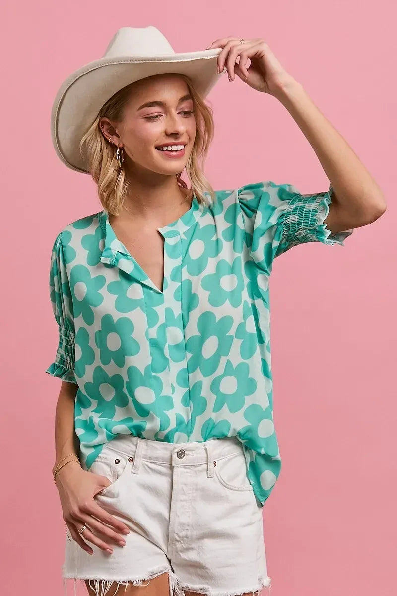 BiBi Flower Printed Woven Smocking Sleeves V Neck Top - DAVERRI FASHIONS