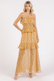 Mittoshop Ruffled Smocked Floral Halter Neck Maxi Dress Tangerine