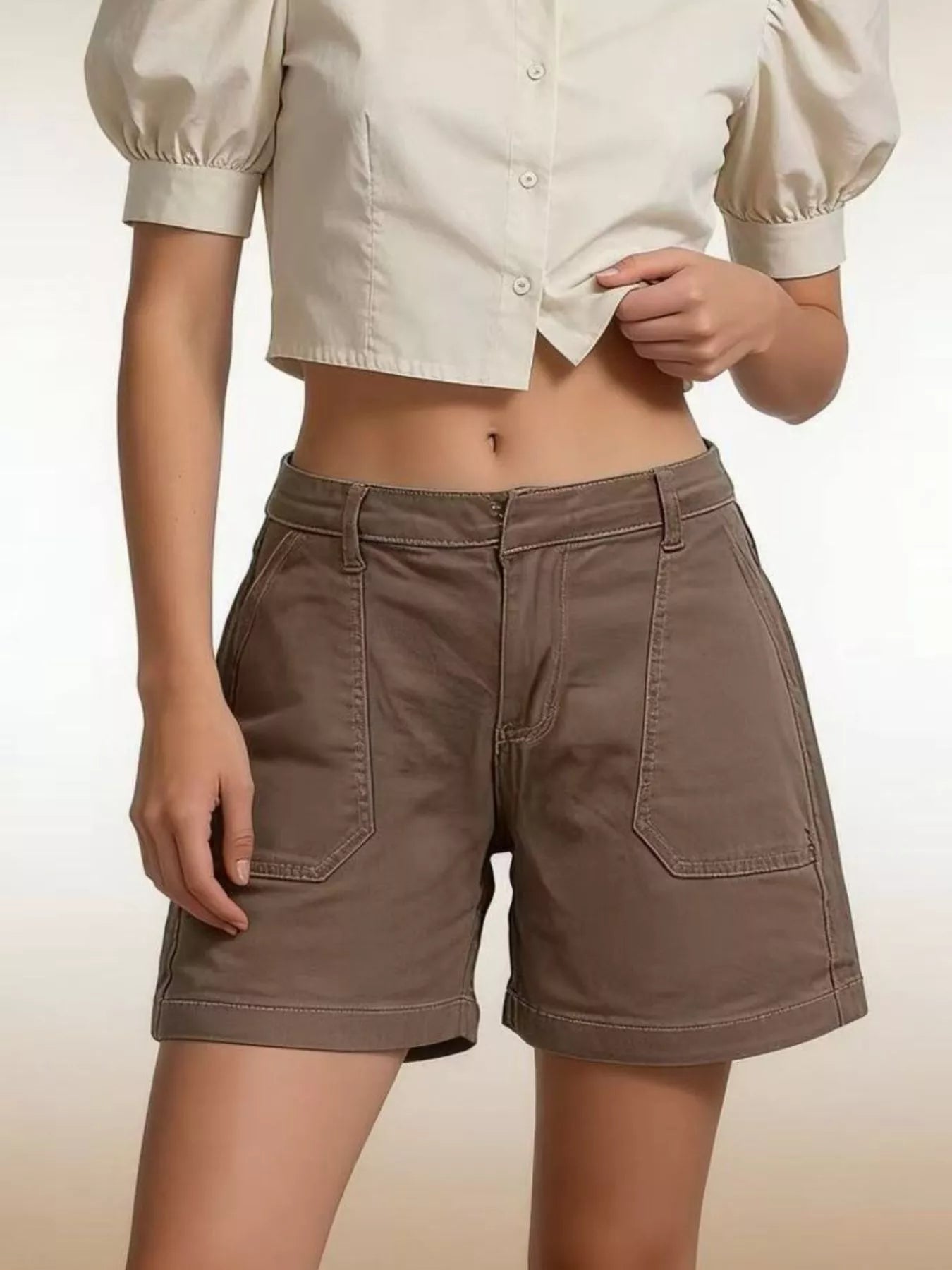 Daverri Pocketed Denim Shorts: brown high-waisted with front pockets, rolled cuffs