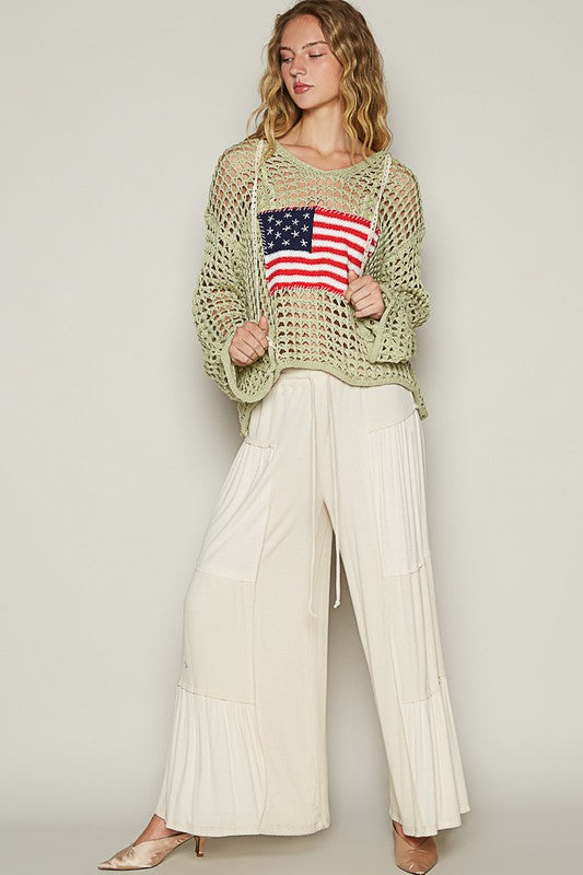 POL US Flag Hollow Out Long Sleeve Knit Cover Up