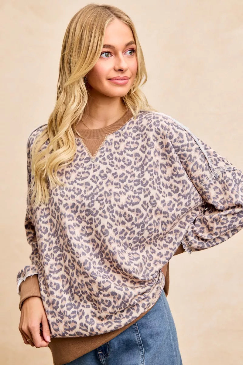 BiBi Leopard Printed French Terry Sweatshirt in beige and gray