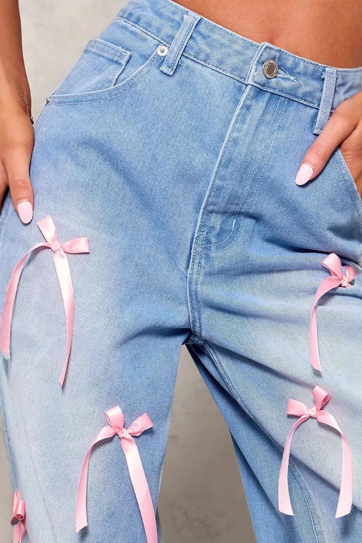 Bow Decorated Wide Leg Denim Jeans | Jeans Daverri Fashions