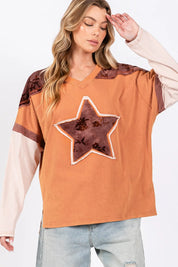 SAGE + FIG Star Patch Long Sleeve Color Block T-Shirt | T-Shirts Daverri Fashions