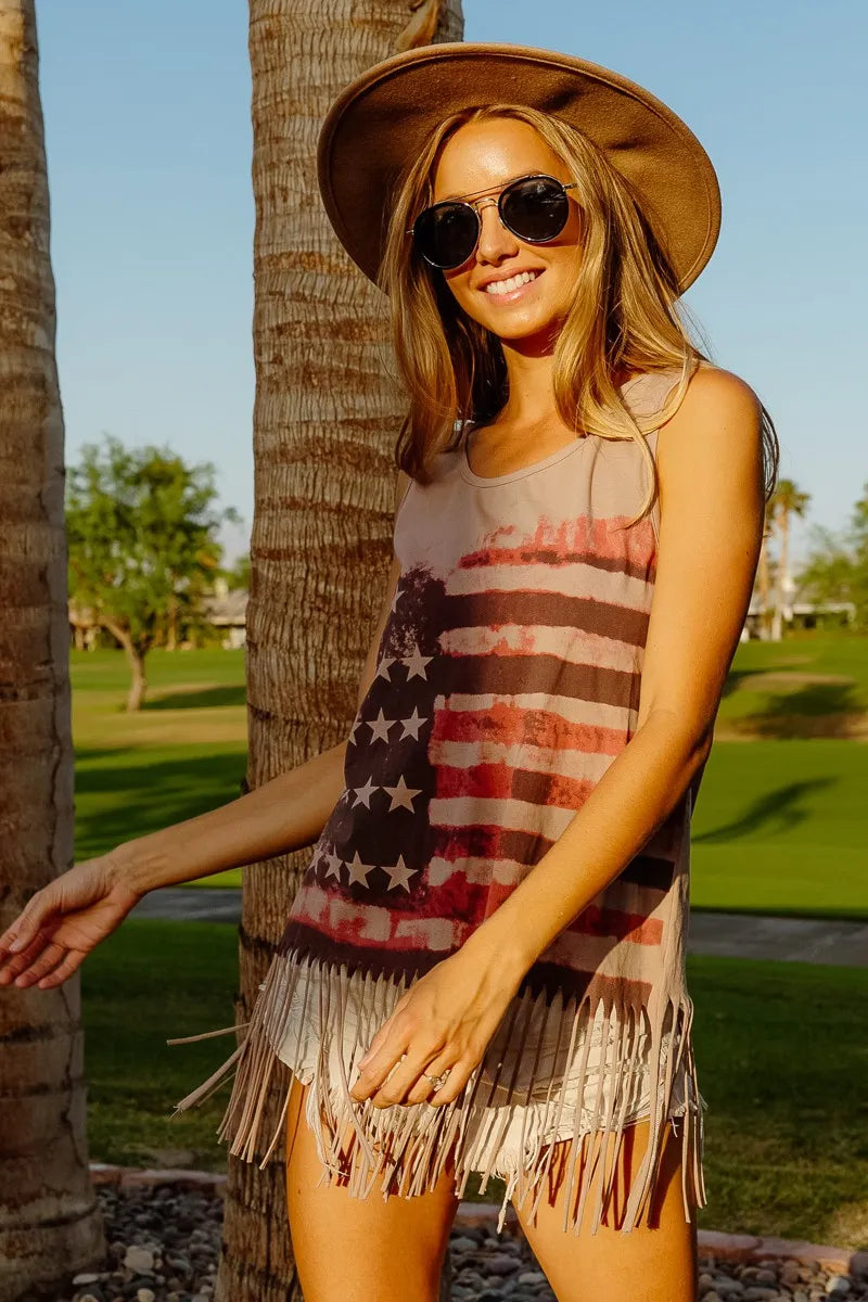 BiBi American Flag Print Knit Sleeveless Top Tank Tops