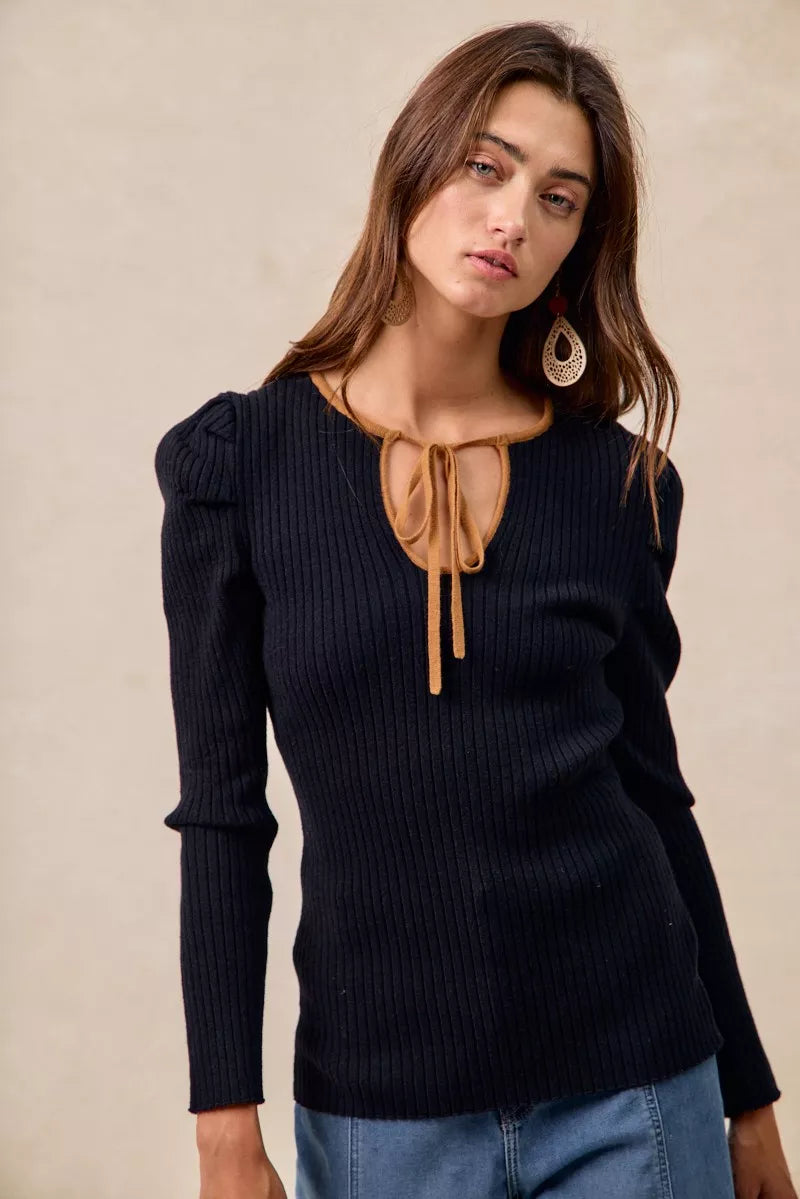 BiBi Ribbed Contrast Front Tied Shirred Fabric Top | Tops Daverri Fashions