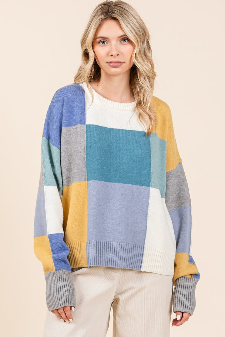 Round Neck Color Block Sweater Tops