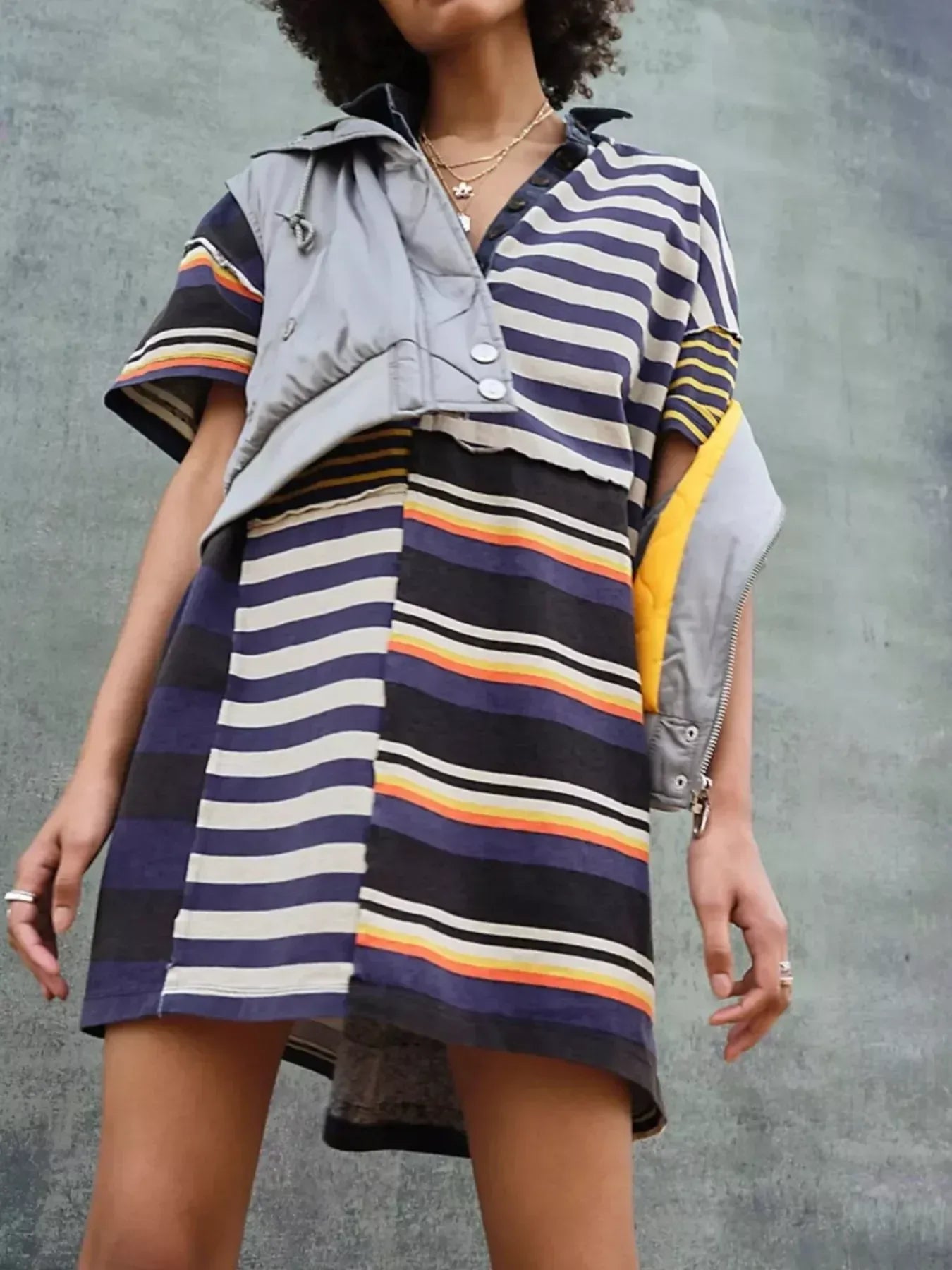 Striped Oversized Half Button Shirt Dress - DAVERRI FASHIONS