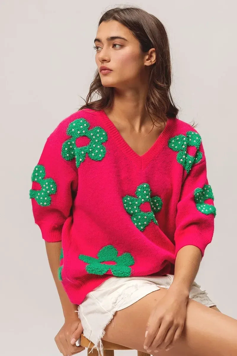 BiBi Pearl Beads Flowers Sweater Top - DAVERRI FASHIONS