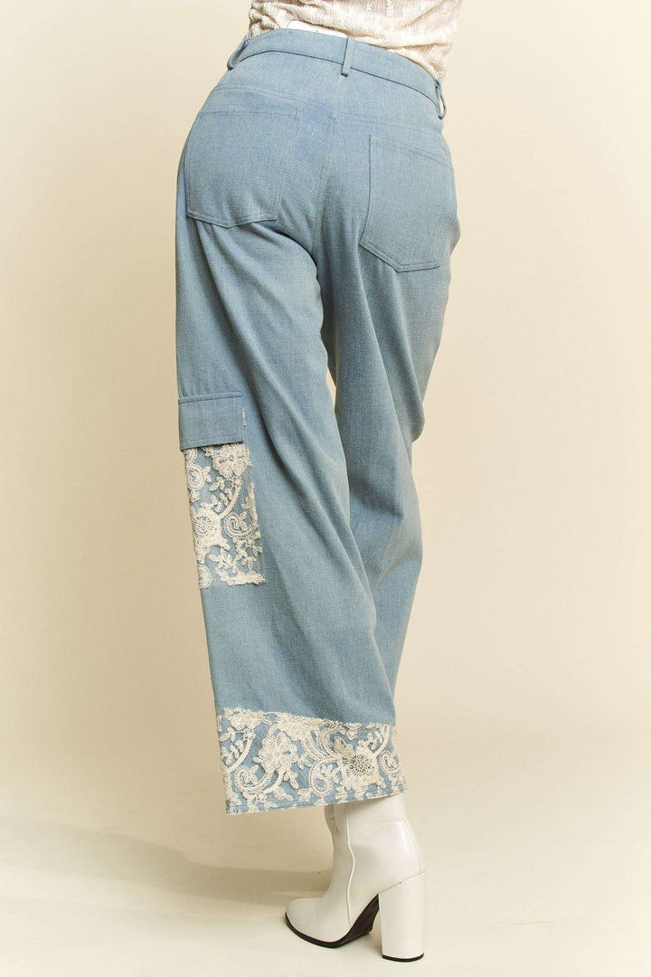 Davi & Dani Lace Applique Wide Leg Jeans Bottoms