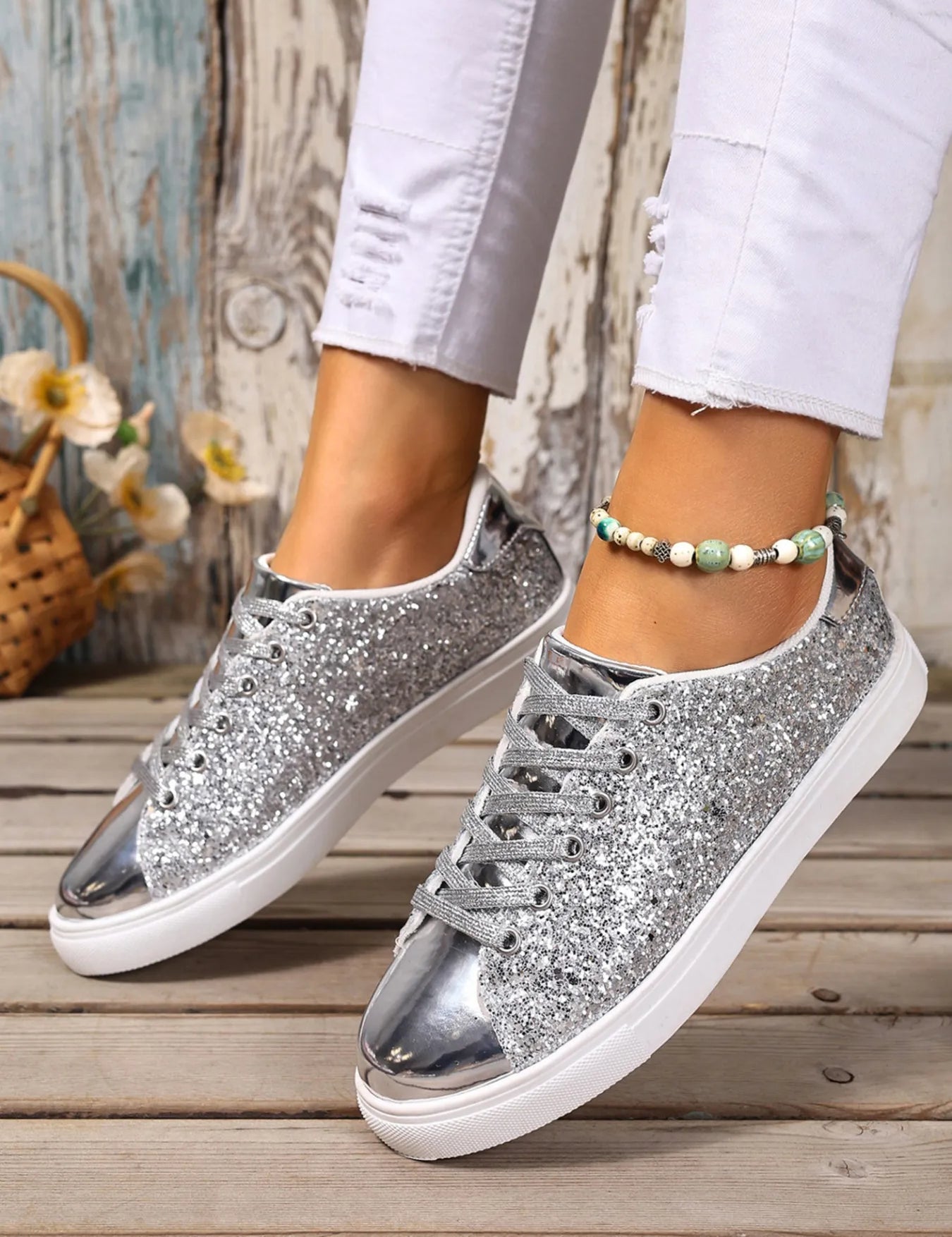 Sequin Lace Up Sneakers | Sneakers Daverri Fashions