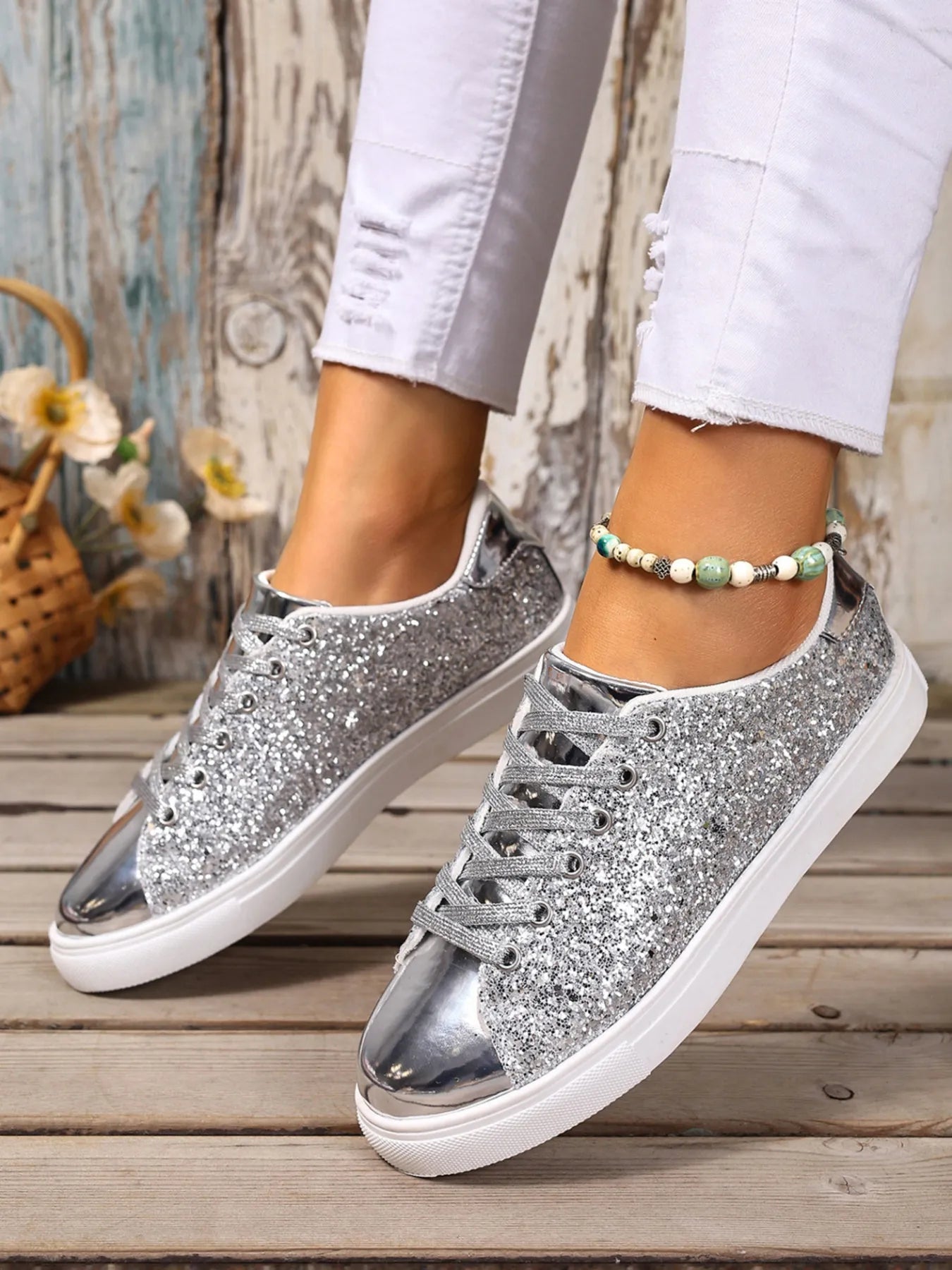 Sequin Lace Up Sneakers | Sneakers Daverri Fashions