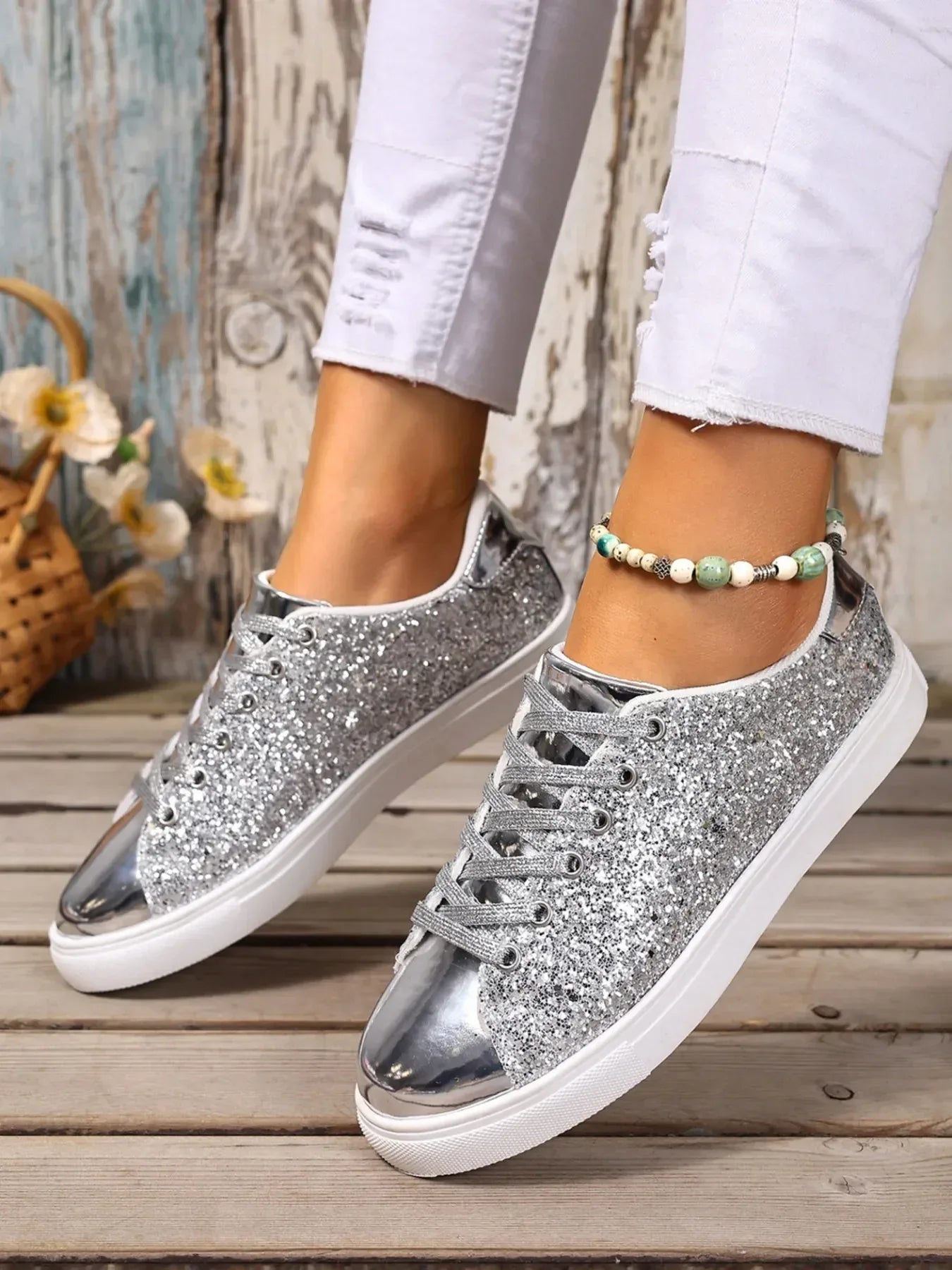 Sequin Lace Up Sneakers - DAVERRI FASHIONS