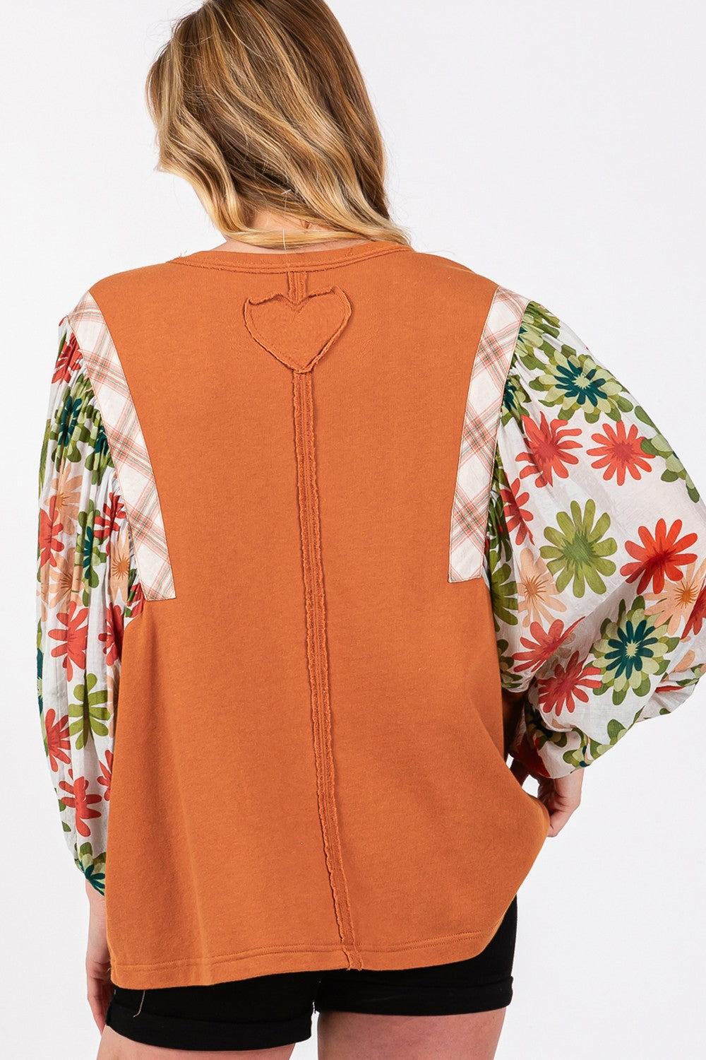 SAGE + FIG Full Size Printed Balloon Sleeve Contrast Top Tops