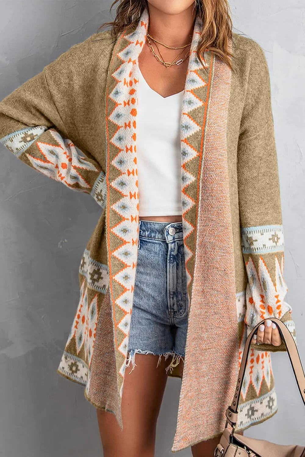 Geometric Open Front Long Sleeve Cardigan | Cardigans Daverri Fashions