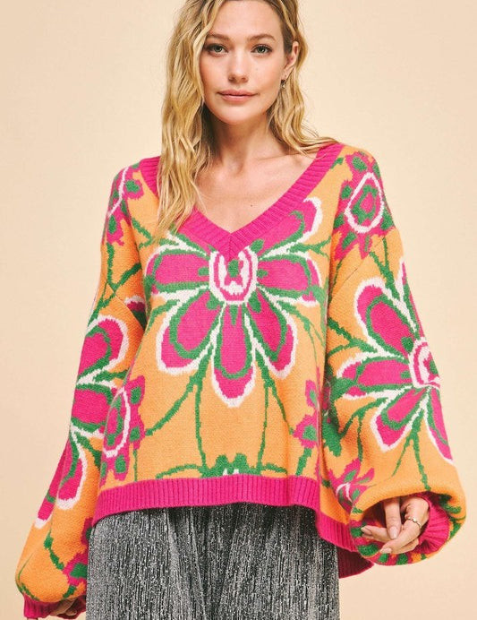 Davi & Dani Floral Contrast V-Neck Dropped Shoulder Sweater Neon Orange Multicolor Tops