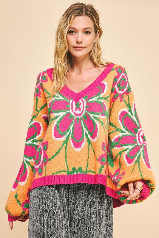 Davi & Dani Floral Contrast V-Neck Dropped Shoulder Sweater Neon Orange Multicolor Tops