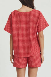 Plaid Tied Scoop Neck Short Sleeve Top and Drawstring Shorts Set | Outfit Sets Daverri Fashions