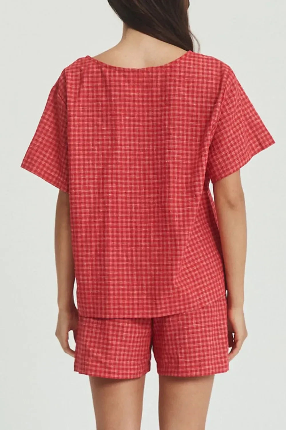 Plaid Tied Scoop Neck Short Sleeve Top and Drawstring Shorts Set - DAVERRI FASHIONS