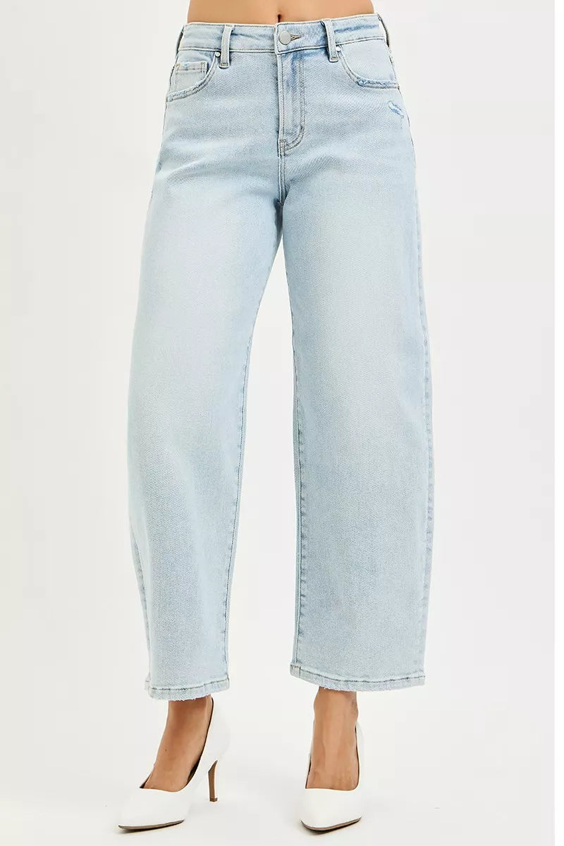 RISEN High Rise Crop Barrel Jeans in light-wash denim with wide-leg cut