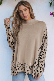 Leopard High Neck Side Slit Oversized Sweater | Sweaters & Cardigans/Sweaters Daverri Fashions