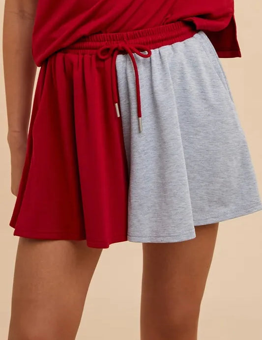 CRIMSON GREY Annie Wear Color Block French Terry Flare Shorts | Daverri Fashions