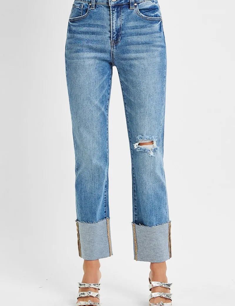 RISEN Full Size High Rise Ankle Straight Wide Cuffed Jeans Plus Size | Daverri Fashions