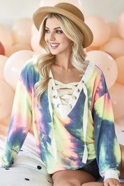 BiBi Tie Dye Deep V-Neck Top with Lace Up Front | Tops Daverri Fashions