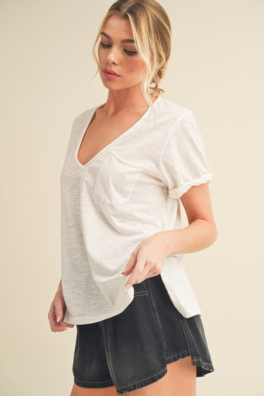 Aemi + Co White Side Slit V-Neck Short Rolled Sleeve T-Shirt T-Shirts