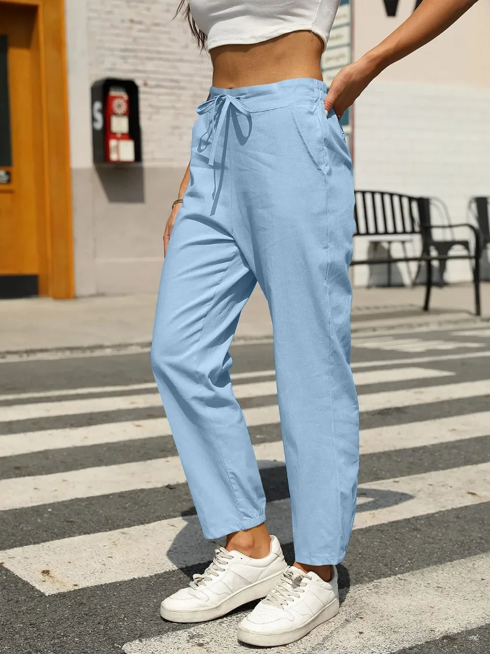 Light blue Daverri Fashions cotton linen jogger pants with drawstring