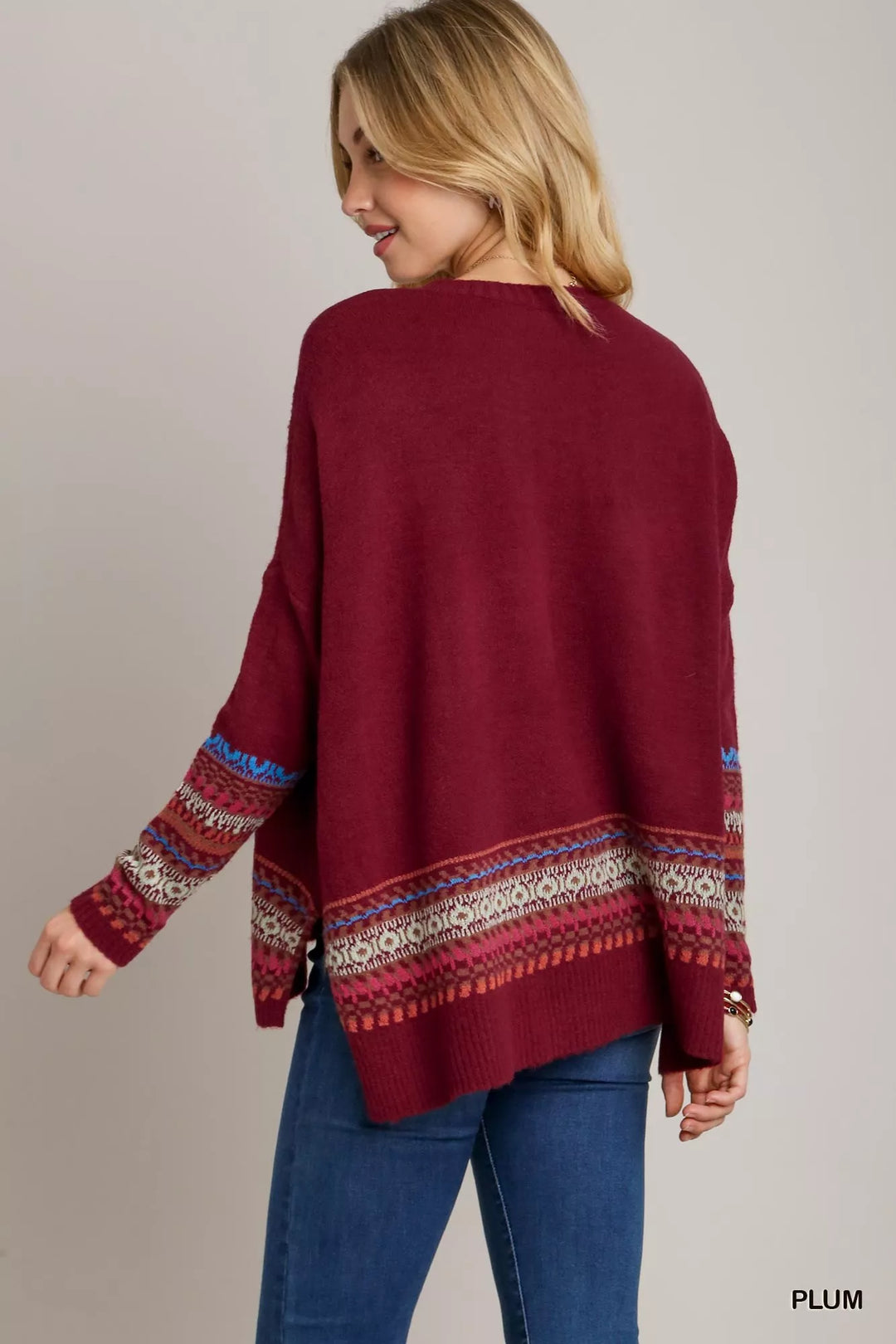 Umgee Long Sleeve Round Neck Knit Top with Side Slits and Stitch Detail | Knit Tops Daverri Fashions