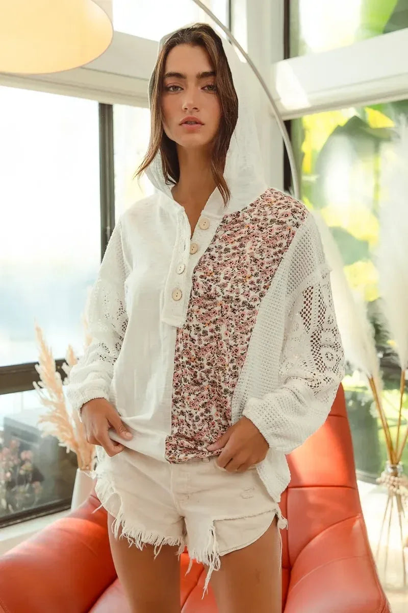 BiBi Slub Jersey with Lace Combo Buttoned Hoodie Top - DAVERRI FASHIONS
