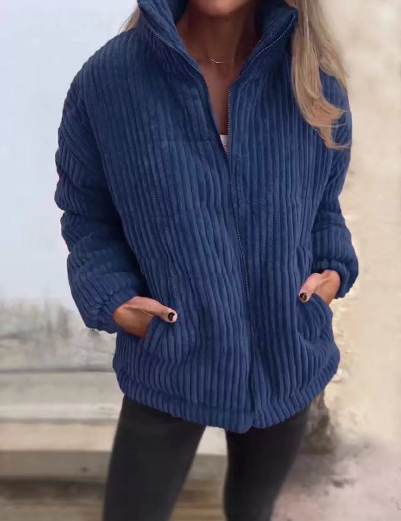 Dark Blue Full Size Zip Up Funnel Neck Long Sleeve Winter Coat Plus Size | Coats Daverri Fashions