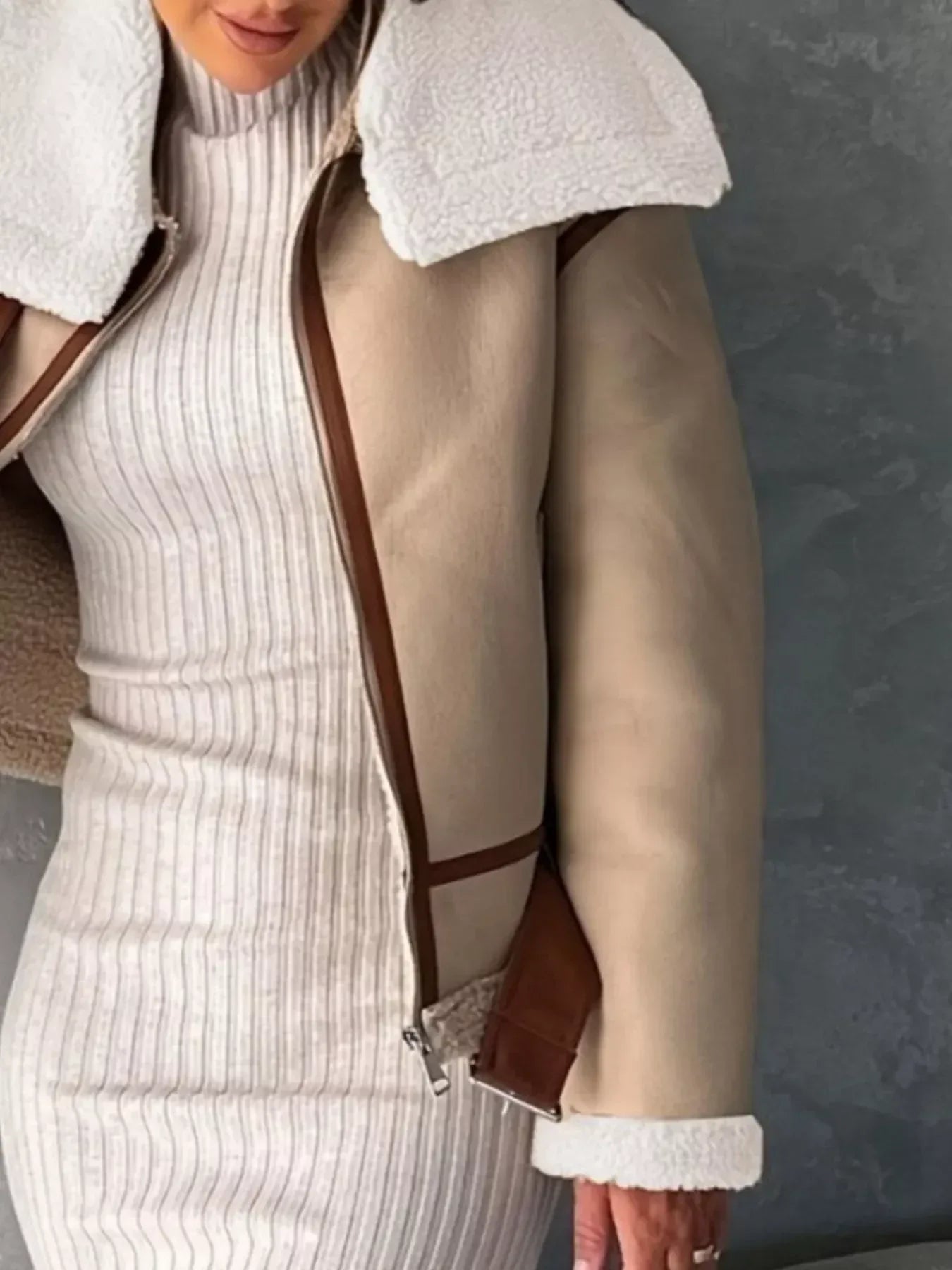 Shearling Lined Zip Up Jacket - DAVERRI FASHIONS