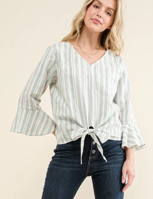 And The Why Stripe Tie Knot Front Bell Sleeve Top | Blouses Daverri Fashions