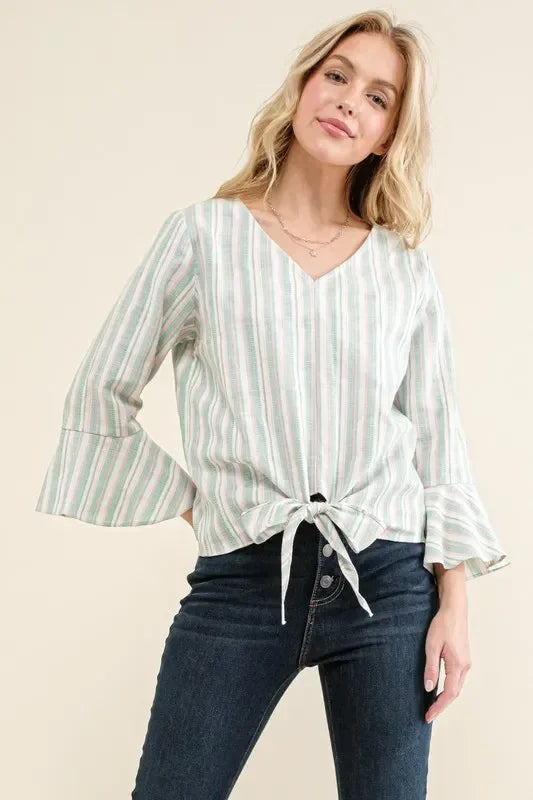 And The Why Stripe Tie Knot Front Bell Sleeve Top - DAVERRI FASHIONS