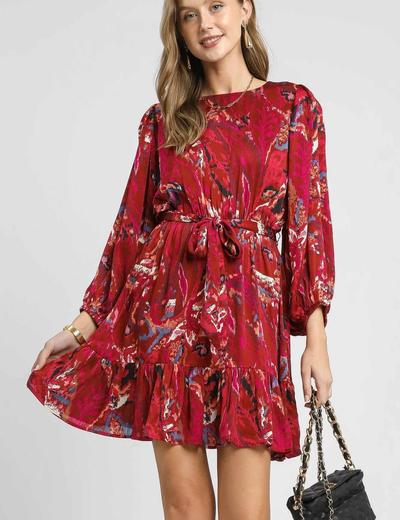 EGGPLANT Umgee Ruffled Hem Printed Balloon Sleeve Dress | Mini Dresses Daverri Fashions