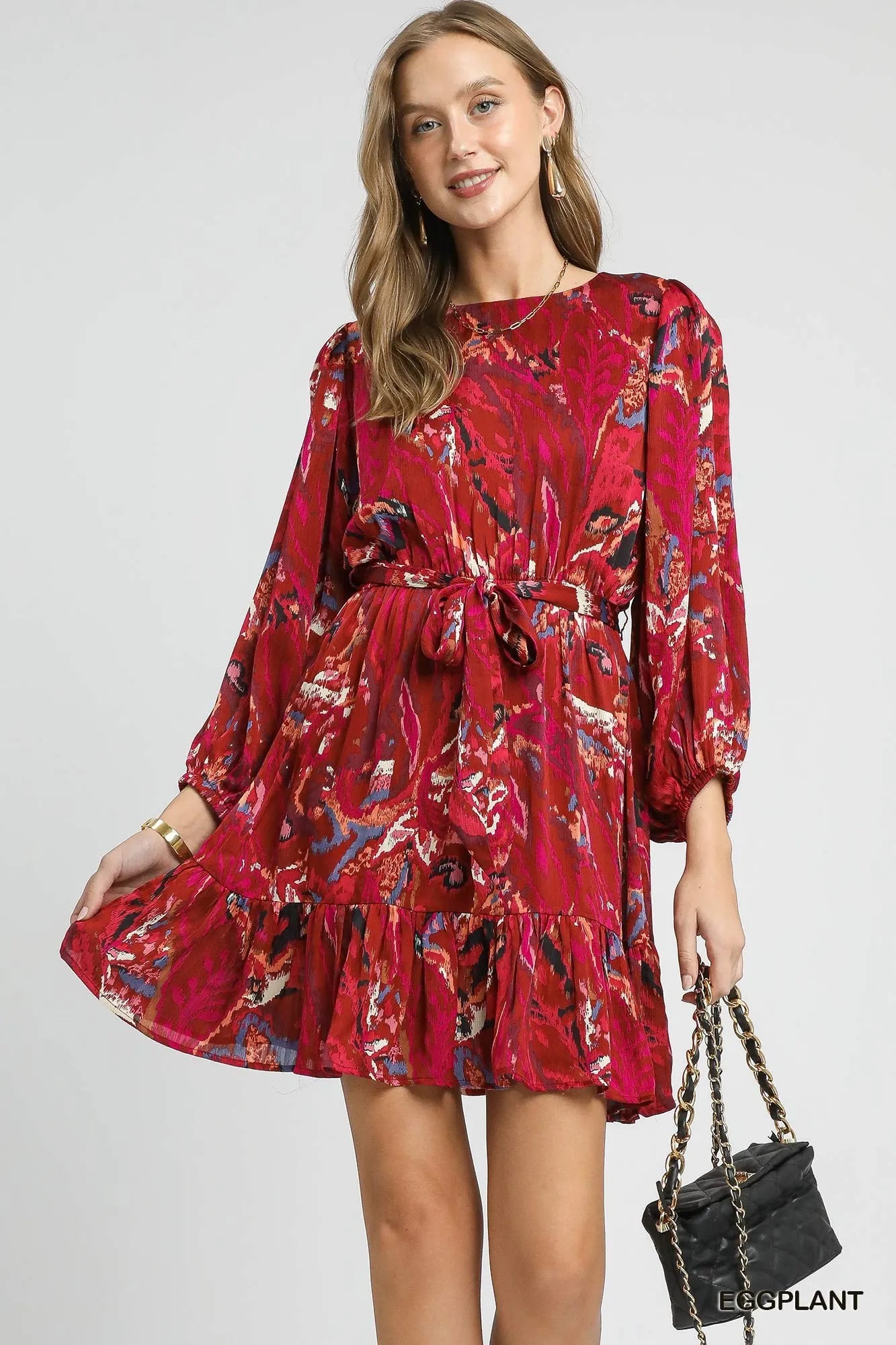 Umgee Ruffled Hem Printed Balloon Sleeve Dress EGGPLANT Mini Dresses