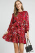 Umgee Ruffled Hem Printed Balloon Sleeve Dress EGGPLANT Mini Dresses