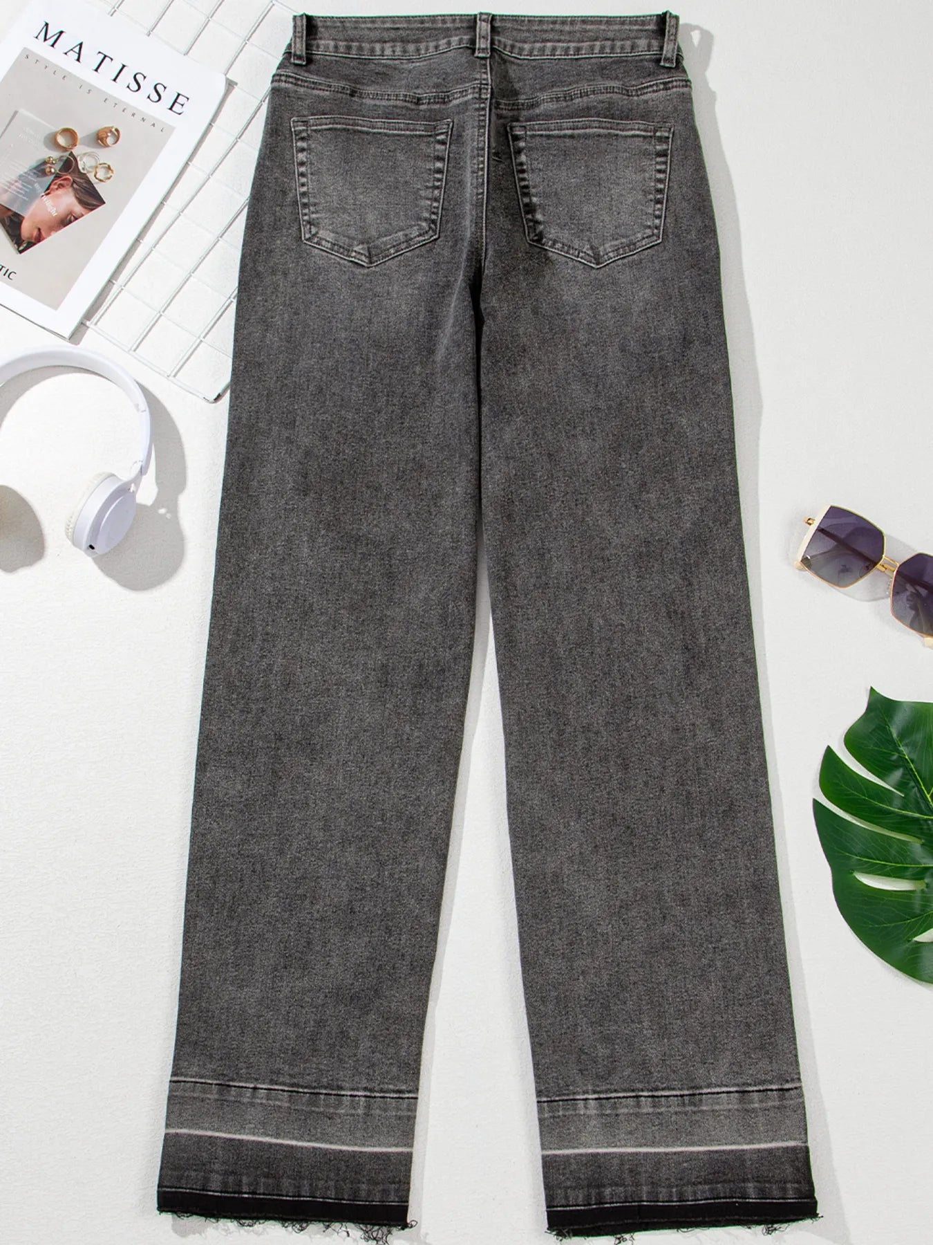 Charcoal gray high-waisted Daverri Fashions raw hem loose jeans