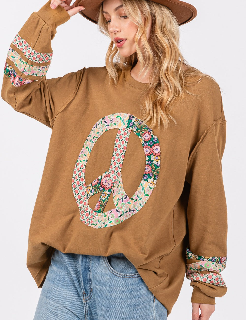 SAGE + FIG Peace Applique Patch Long Sleeve Top Bronze