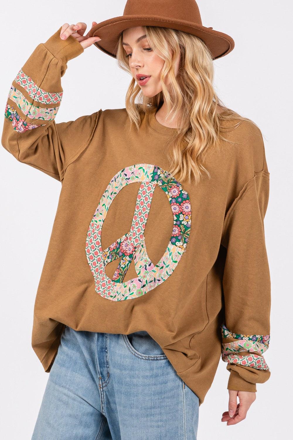 SAGE + FIG Peace Applique Patch Long Sleeve Top Bronze S