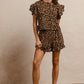 BiBi leopard print waffle texture ruffle sleeve romper
