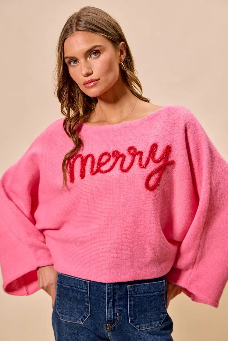SO ME Merry Tinsel Lettering Christmas Sweater Top Pink | Sweaters Daverri Fashions