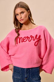 SO ME Merry Tinsel Lettering Christmas Sweater Top Pink | Sweaters Daverri Fashions
