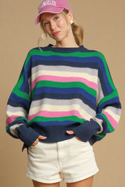 Rainbow Striped Crew Neck Drop Shoulder Sweater | Sweaters Daverri Fashions