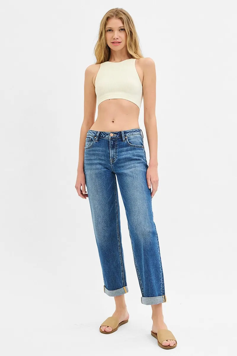 RISEN Full Size Mid Rise Boyfriend Roll Up Jeans Plus Size Jeans